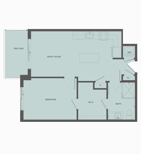 Floor plan for 1 bed, 1 bath, 718 sqft